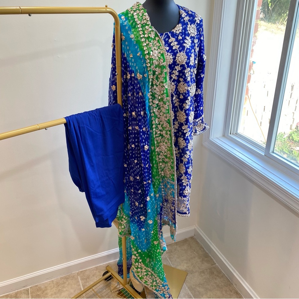 Blue and Green Embroidered Shalwar Kameez - Picture 2 of 3